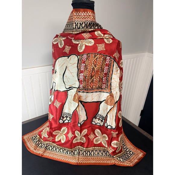 Vintage Oscar de la Renta Silk Scarf Red Elephant Square Scarf 30x30 Boho Luxury